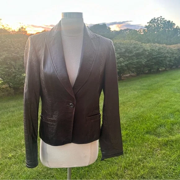 Calvin Klein Brown Leather Button Front Jacket Blazer - Picture 4 of 16